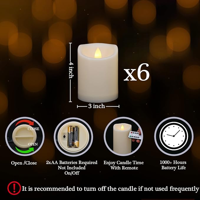 Battery Operated Flickering Flameless Candles with Remote and Timers, 1000 Hours Waterproof Outdoor Indoor LED Pillar Flameless Candles,Ivory Plastic, D3 X H4, Set of 6