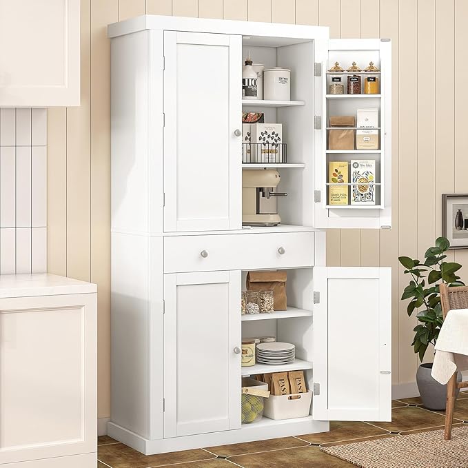 usikey 72” Pantry Cabinet, Tall Kitchen Storage Cabinet with 4 Doors and 1 Drawer, Cupboard with 6 Hanging Shelves and Adjustable Shelves for Kitchen, Dining Room, Living Room, White