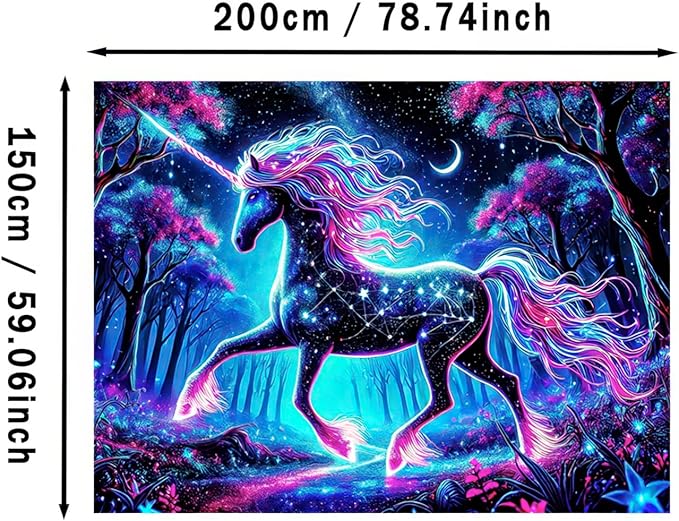 BlissYard Blacklight Unicorn Tapestry UV Reactive Forest Landscape Tapestries Wall Hanging Decor Neon Wolf Wall Tapestry Mysterious Poster Blanket Tapestry for Room Bedroom Dorm Party