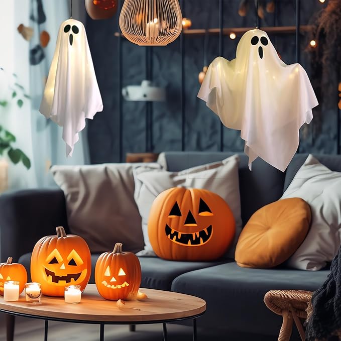 4Packs Hanging Ghosts Halloween Decor, LED Light Up Halloween Ghost Decorations, Spooky Cute Ghost Ornaments for Home Tree Garden Front Porch Yard Fall Party Holiday Decoration Outdoor 19.6", White