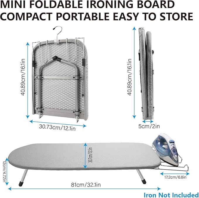 Metal Tabletop Ironing Board with Iron Rest, Portable Ironing Board Small with Heat Resistant Cotton Cover, Mini Iron Board for Small Space and Travel, 32 x 12 Inch (Gray)