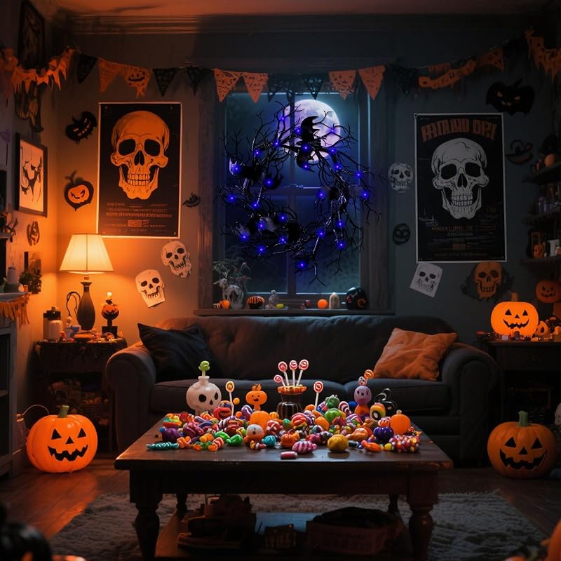 Halloween Black Branch Wreath - 18 Inch Black Twig Halloween Bat Wreaths for Indoor Outdoor Party Window Wall Decor Farmhouse Garland Yard