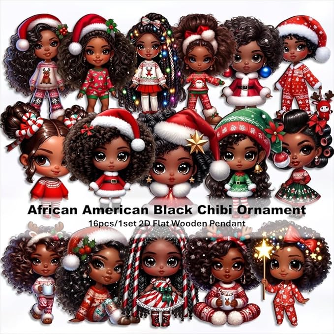 16pcs African American Black Chibi Girl Ornaments - Xmas/Christmas Wooden Decor, Gift Boxed for New Year/Carnival | Home/Window/Tree/Office/Classroom/Wine Bottle Party Deco, Black Heritage Pendants