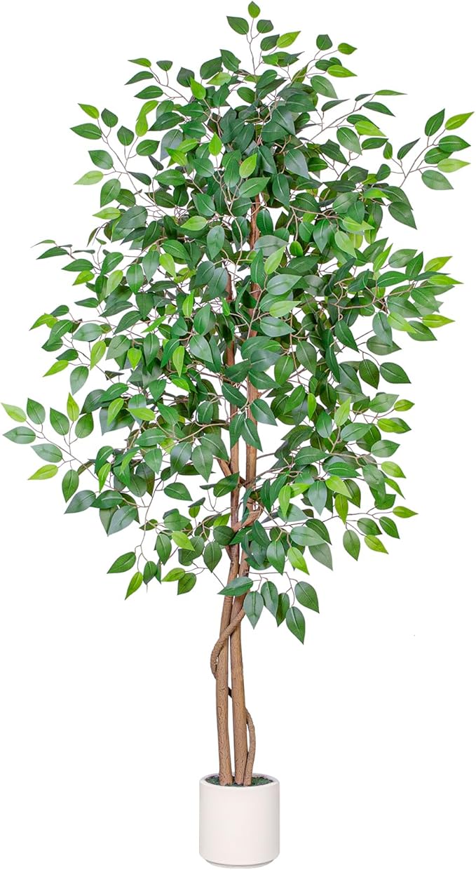 6FT Artificial Ficus Tree with White Planter, Realistic Faux Silk Indoor Outdoor Plant for Home Office Living Room, Porch, Garden Decor