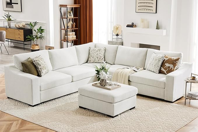 112" Modular Sectional Sofa, Large 7 Seater L Shaped Couch with Detachable Sofa Cover, Movable Ottoman, Deep Seat Corner Couch for Living Room, Apartment - Linen Fabric, Ivory