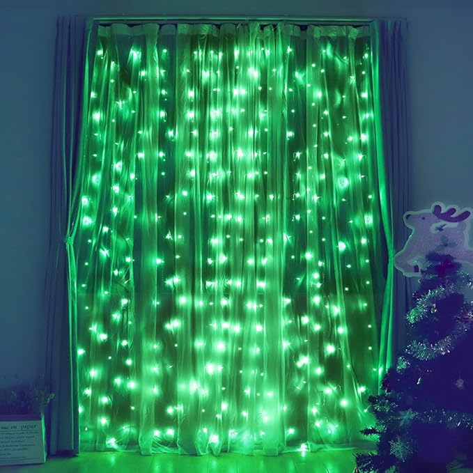 HEYFUNi Fiee Curtain Lights,304L 9.8ftX9.8ft 30V 8Modes Safety Window Lights with Memory for Home Wedding Christmas Party Patio Lawn Garden Bedroom Outdoor Indoor Wall Decorations (304LED, Green)