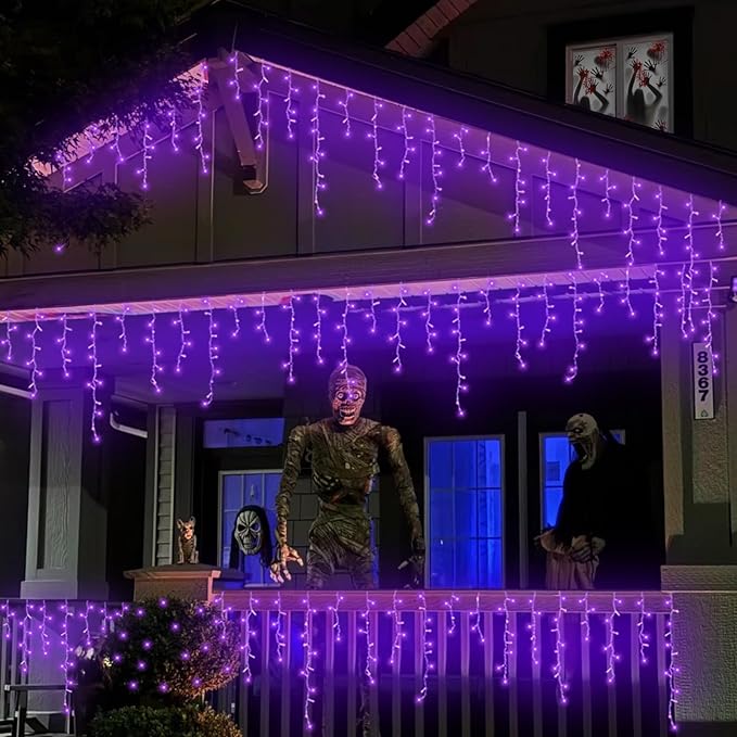 QITONG Purple Halloween Lights Outdoor, 33ft 400 LED Icicle Light for Outside Indoor Plug in, 8 Modes Clear Wire Connectable Christmas Lights with 80 Drops