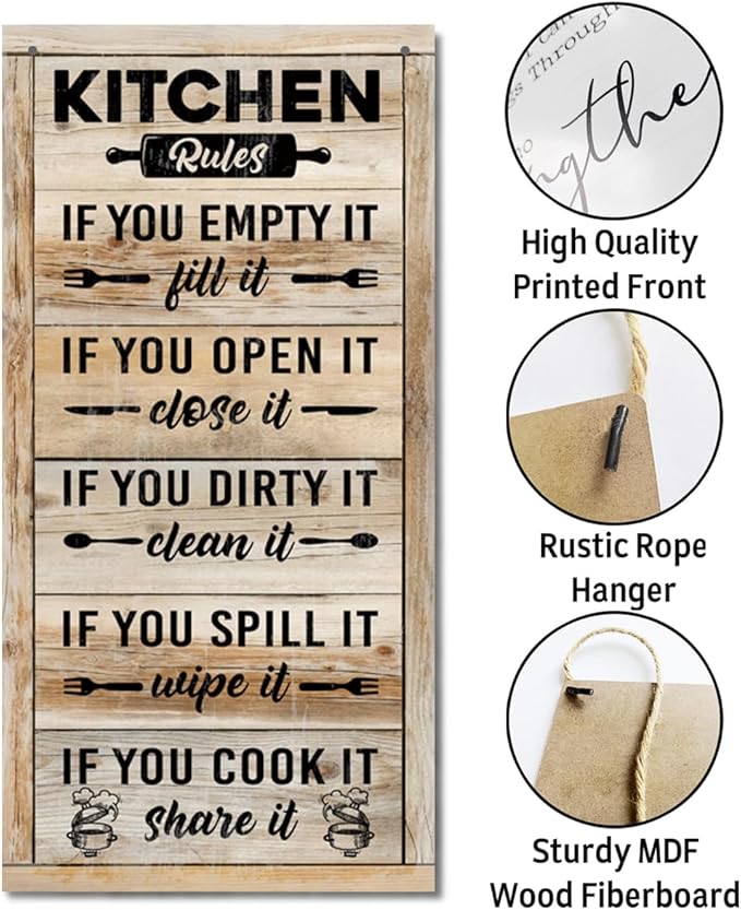 Hanging Kitchen Rules Wood Decor Sign, Rustic Kitchen Wooden Signs, Printed Wood Wall Art Sign, Kitchen Door Rules Rustic Sign, Hanging Wood Sign Kitchen Decor, Funny Farmhouse Kitchen Wall Décor E1