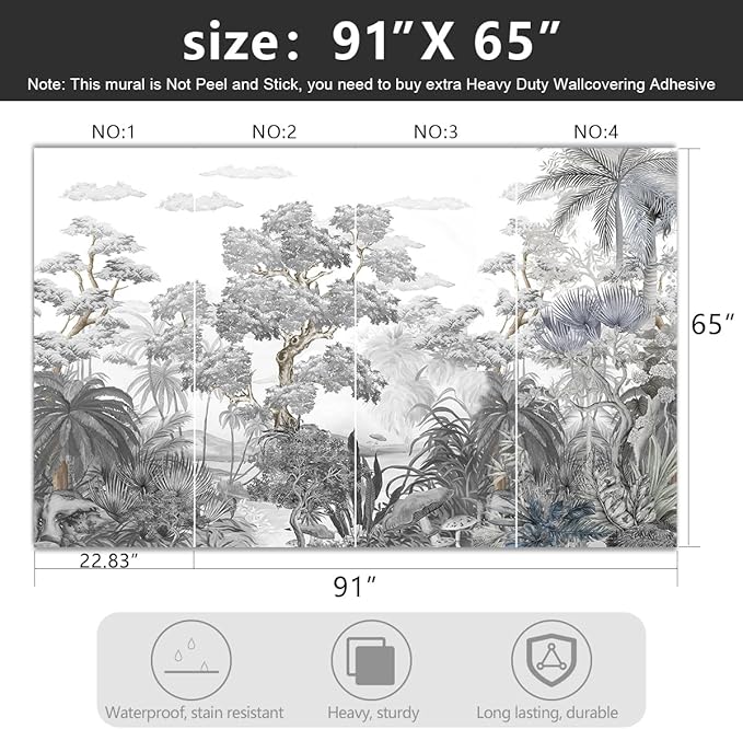 '-Tropical Rainforest Botanical Grey Jungle Forest Fabric Wallpaper Living Room Palm Leaf Plant Bedroom Bathroom Wall Mural- 91"x65"( not Peel and Stick)