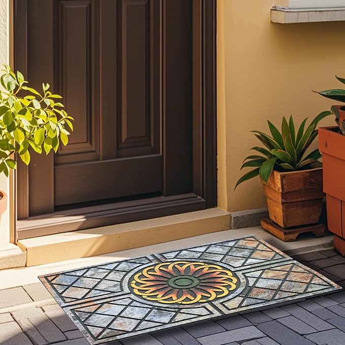 Door Mat Welcome Mat, Heavy Duty Door Mat 17.7 x 29.5 Inch Front Door Mat Rug Doormat for Outdoor Entrance Home Non-Slip Rubber Rug for Front Door, Outside, Entryway, Patio (Flower)