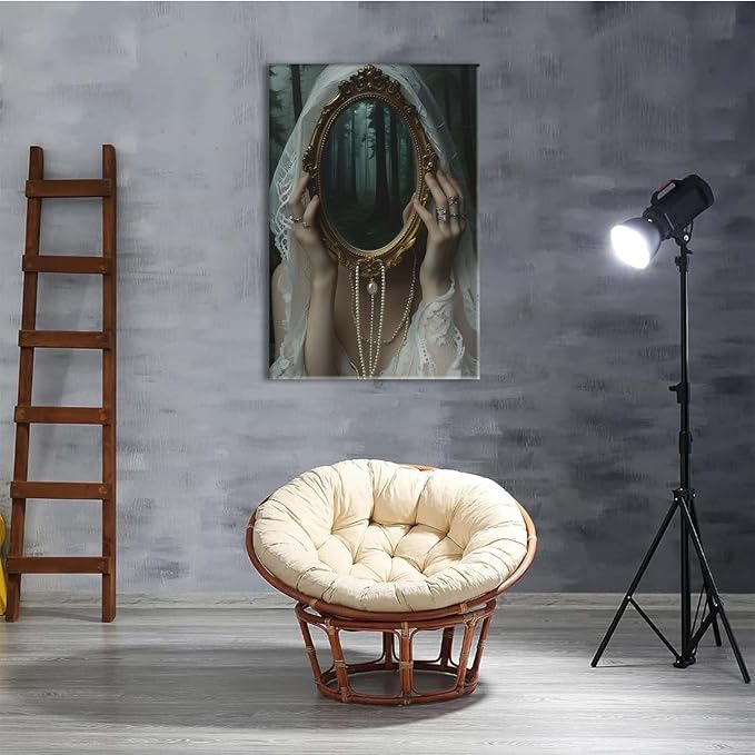 Mirror face covering dark art poster print melancholy gothic painting vintage feminine print victorian style decoration antique art28x40in Wood Framed