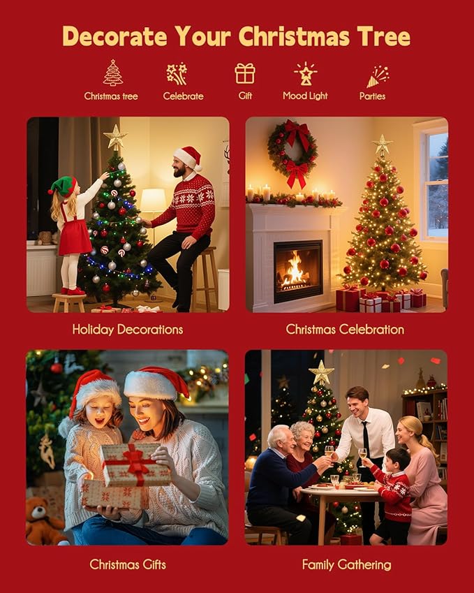 Brightown Christmas Tree Topper Lighted with 6 Projection Modes,9.8”Christmas Star Tree Topper with Built-in LED Rotating Lights,Tree Top with Golden Spangles Plated Plug in for Christmas Decorations