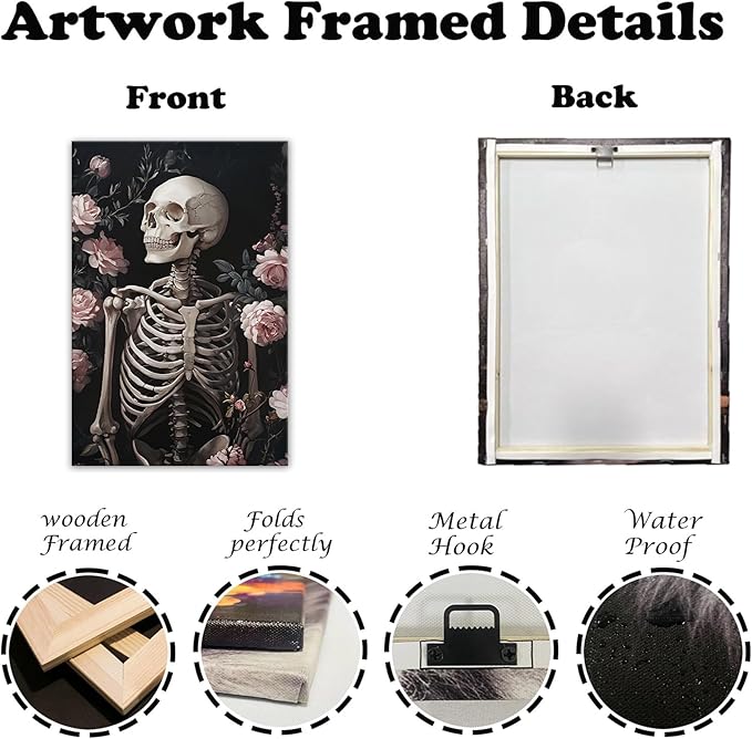 OAAPITI Skull Floral Wall Art Vintage Skeleton Portrait Canvas Print Dark Gothic Skull Art for Living Room Bedroom Home Wall Decor Ready to Hang(Artwork-10,12"x18")