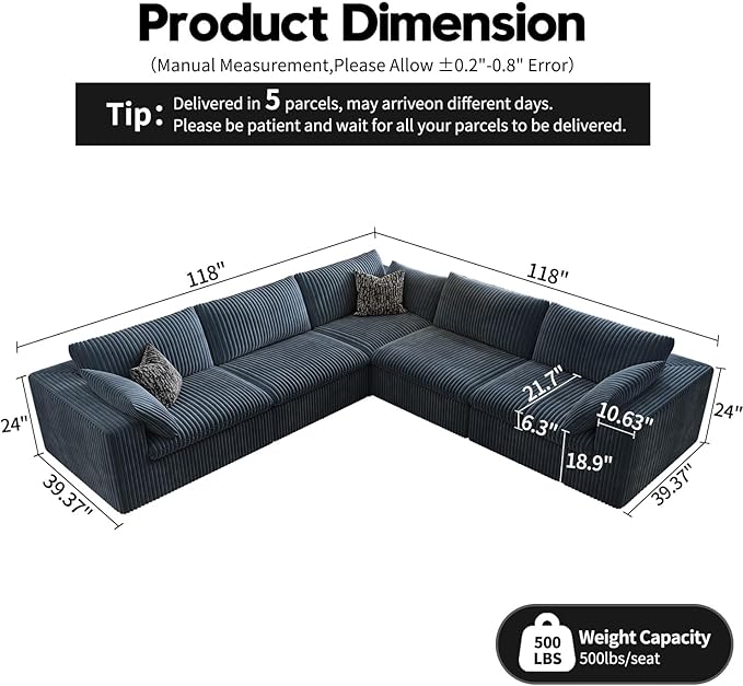 118" Cloud Couch Oversized Modular Sectional Sofa for Living Room,Modern Sofa with Deep Seat,V Shaped Boneless Couch,Comfy Upholstered Corduroy Couches for Apartment, Studio, Office,Bedroom,Blue