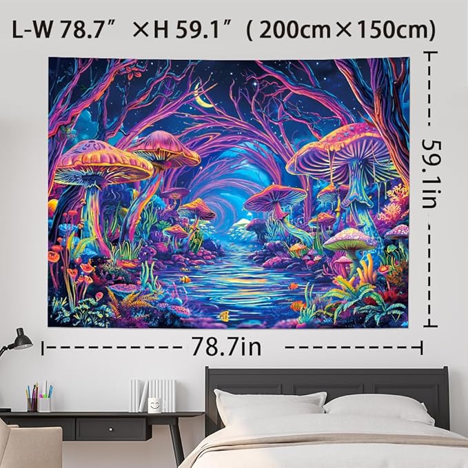 Yuiqear Blacklight Forest Tapestry UV Reactive Mushroom Tapestries Fantasy Landscape Wall Decor Aesthetic Plant Floral Tapestry Wall Hanging for Bedroom