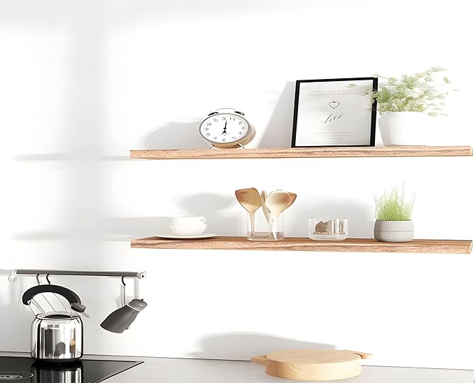 Wood Floating Shelves for Wall Decor, Rustic Wall Shelves for Bedroom Bathroom Kitchen Living Room, Set of 4 Light Walnut 48 Inch