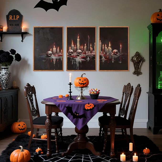 Aurlan Gothic Bloody Skull and Candles Framed Wall Art(16"x24"), 3PCS Horror Dark Academia Halloween Skeleton Canvas Artwork, Modern Goth Spooky Creepy Ghost Decor for Home Office Bedroom