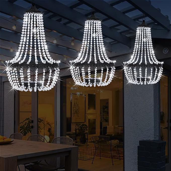 Hanging Solar Chandelier Outdoor, 30 Cool White Lights Acrylic Clear Beaded Chandelier with S Hooks Modern Lantern for Garden Yard Patio Gazebo Decorations, 28”H