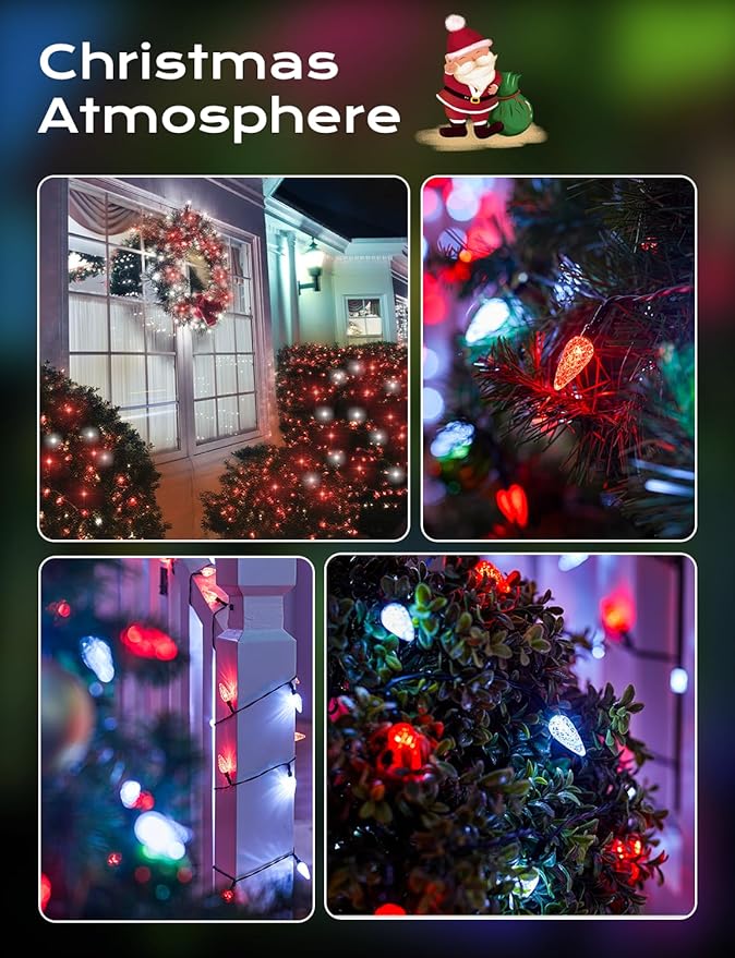 Brightown Solar Operated C6 Strawberry String Lights, 22.64ft 50 LEDs Red White LED Christmas Fairy Lights, Solar Christmas Lights Outdoor, Christmas Decorations for Christmas Tree, Garden Decor