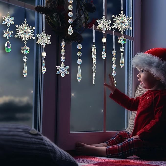 48pcs Christmas Crystal Ornaments for Tree - Iridescent Christmas Tree Ornaments Acrylic Snowflakes Drop Icicle Pendants Hanging Ornaments for Xmas Trees Winter Holiday Frozen Party Decorations