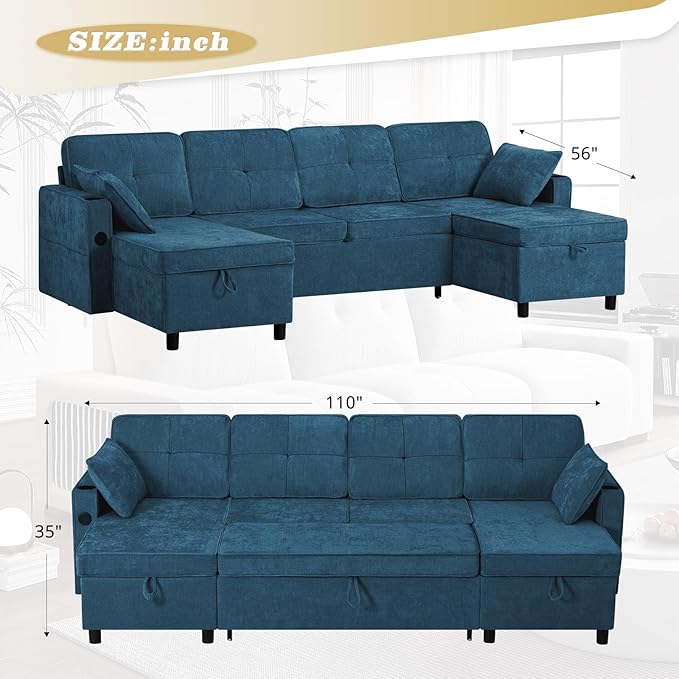 110 Inches Chenille Sectional Sofa w/Pull Out Sofa Bed & Adjustable Back, Tufted U Shaped Couch w/Two Storage Chaises, Sleeper Sectional Sofa w/USB Port & Cup Holders for Living Room, Blue