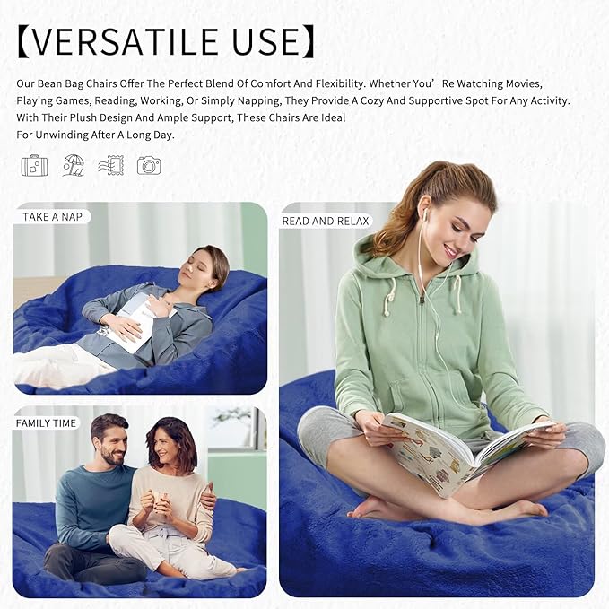 Bean Bag Chair for Adults 6FT,Soft Removable Cover for Teens/Girls Bedroom,Fluffy Giant Round Floor Beanbag Lounger Chairs (No Filler,Sapphire)