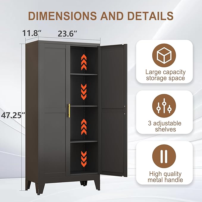 Metal Kitchen Pantry Storage Cabinet with 2 Doors and 3 Adjustable Shelves,Pantry Cabinet with Adjustable Leveling Foot for Kitchen, Living Room, Dining Room(Black)