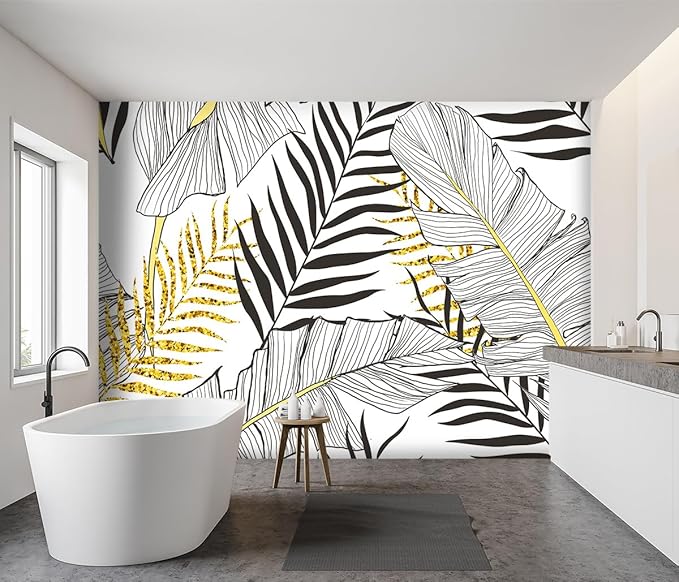 '-Black and Gold Tropical Botanical Banana Leaf Fabric Wallpaper Living Room Bedroom Bathroom Abstract Plant Large Wall Mural- 160"x108"( not Peel and Stick)
