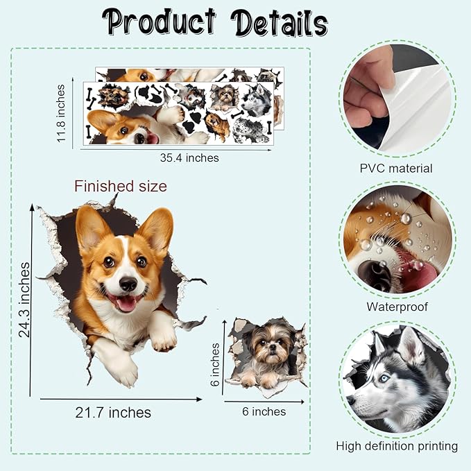 Large 3D Dogs Wall Stickers,Lovely Pet Dog with Bone Vinyl Wall Decals, Removable Dog Crack Hole Wall Art for Dogs Lover Bedroom Playroom Pet Shop Decor