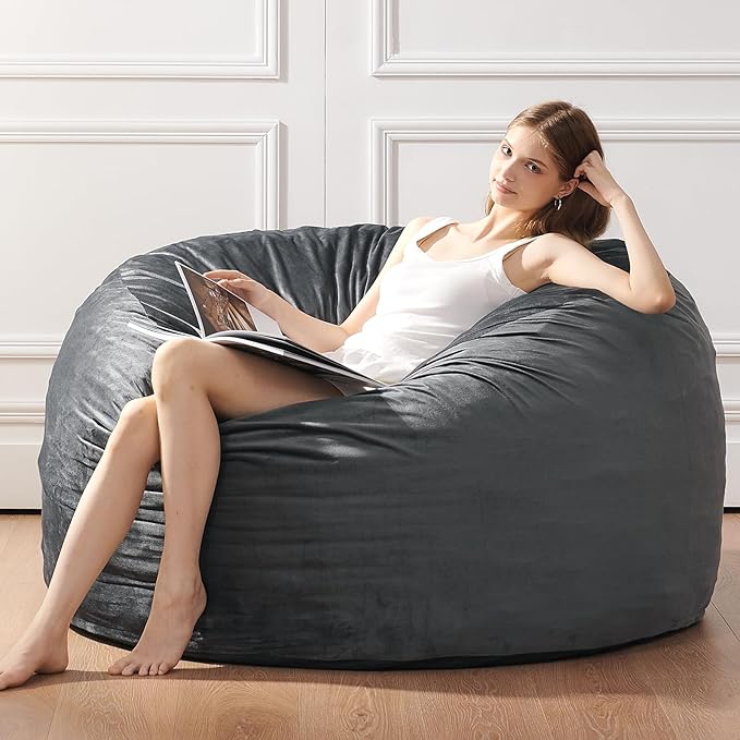 Bean Bag Chairs for Adults - Memory Foam Furniture BeanBag Chair - Kids/Teens Sofa with Soft Micro Fiber Cover - Round Fluffy Couch for Living Room Bedroom College Dorm - 4 ft, Grey