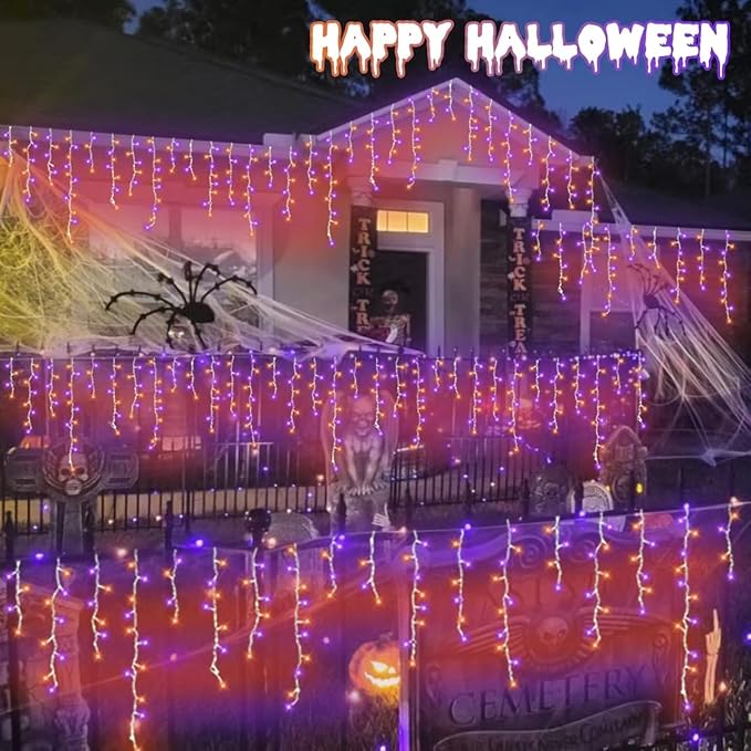 QITONG Orange and Purple Halloween Lights Outdoor, 33ft 400 LED Icicle Light Indoor Plug in, 8 Modes Connectable String Lights with 80 Drops