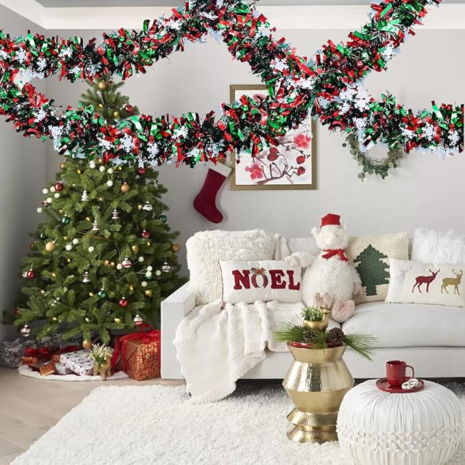 50 Feet Green Red Christmas Metallic Tinsel Twist Hanging Garland with Snowflake for Home Mantle Xmas Tree Staircase Railing New Year Holiday Party Indoor Outdoor Decorations(2 Pcs)