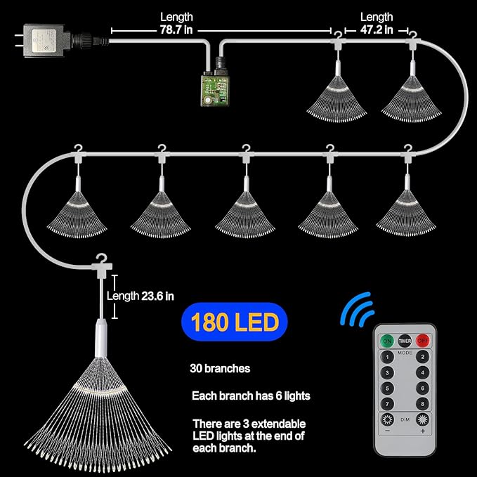 8 Pack Firework Lights 180 Led Copper Wire with 8 Models Power Supply Remote Control Waterproof Outdoor Hanging for Decor Garden Party Christmas