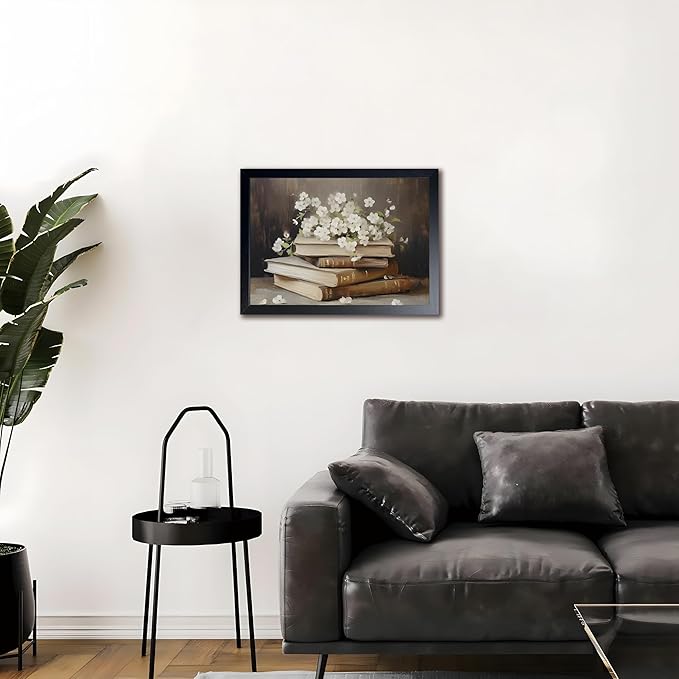 Wood Framed Canvas Poster Print Wall Art, Vintage Floral Book Wall Decor Oil Painting, Dark Academia Room Aesthetics Picture for Bathroom Classroom Dormitory room Decor 16x24 inch