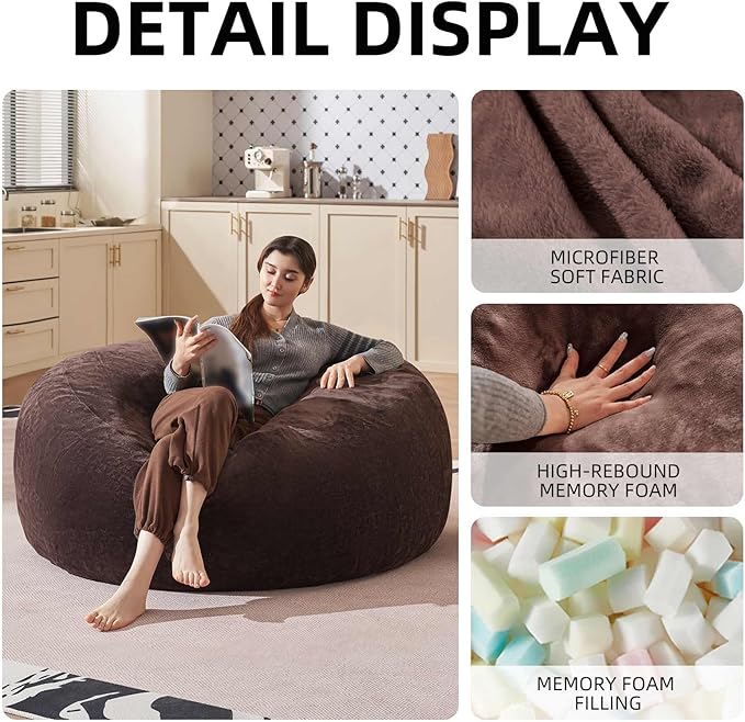 Bean Bag Chair 5Ft, Memory Foam Filled, Large Beanbag Chairs for Adults and Teens, Soft Sofa with Removable Flannel Cover, Round Couch for Living Room Bedroom College Dorm (Brown, 5FT-60×60"×24")