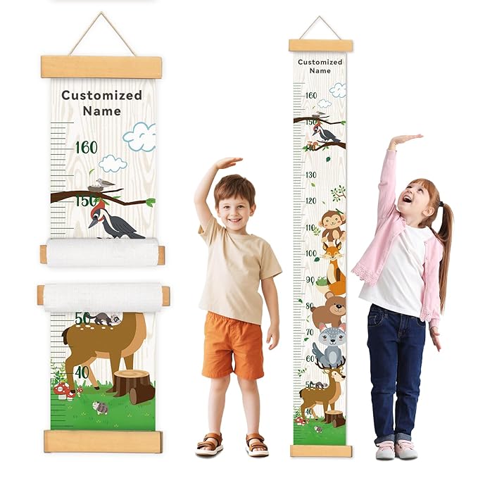Personalized Name Growth Chart Wall Decor for Kids – Canvas Removable Height Chart Measuring Ruler 59" x 7.9" (Zoo)
