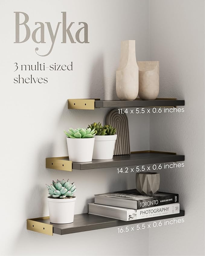 BAYKA Floating Shelves for Bedroom Decor, Wall Shelves for Storage, Wall Mounted Rustic Wood Floating Shelf for Books,Corner Shelf for Bathroom,Kitchen,Living Room(Black and Gold,Set of 4)