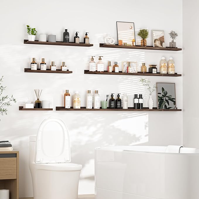 Heimlove Picture Ledge Shelf, Floating Shelves Set of 2, 56 Inches Picture Shelf for Wall with Ledge, Kids Bookshelf Wall Mounted for Living Room Bedroom Decor Books Photo Frames, Walnut