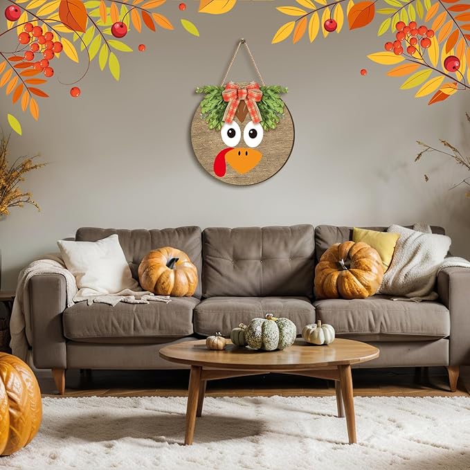 Boao 12 Inch Thanksgiving Door Decoration Turkey Wooden Sign for Front Door Decor Thanksgiving Sign with Bow Wall Art Hanging Wreath Decorations for Harvest Home Outdoor Farmhouse Porch Hanger