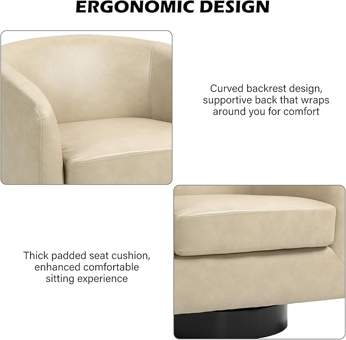 Swivel Barrel Accent Chair, Modern Round Faux Leather Arm Chair for Living Room, Bedroom, Comfy Club Reading Chairs for Adults, Faux Leather, Cream, Set of 1