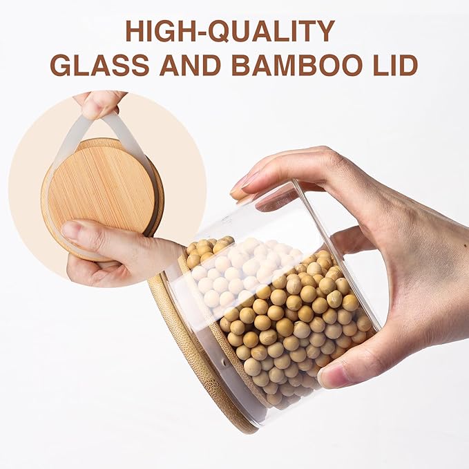 15oz Glass Food Storage Jars, Glass Jars with Bamboo Lids, Kitchen Storage Jars, Set of 6, Canisters with Airtight Lids for Spice, Coffee, Cookie, Pantry Organizers