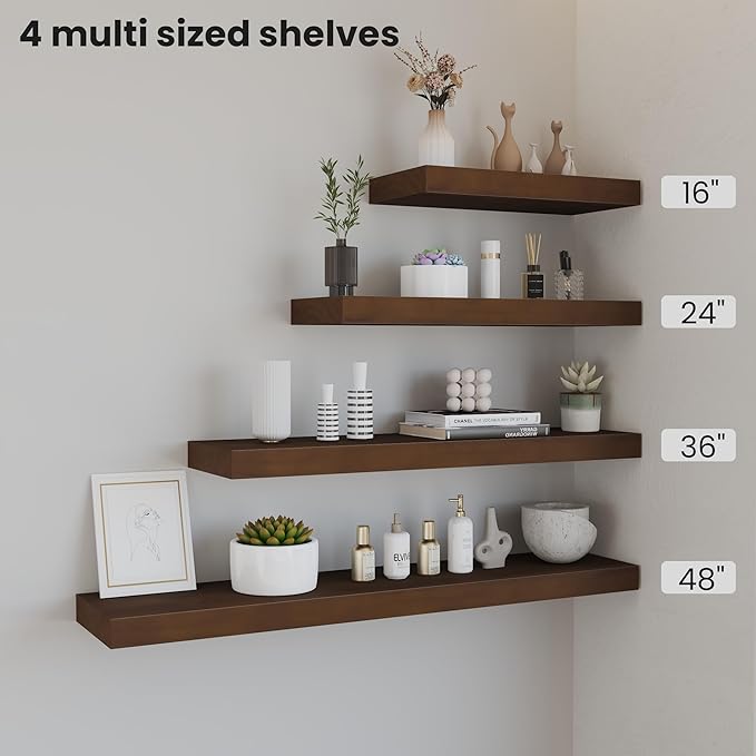 Wood Floating Shelves for Wall 24” x 8”x 1.4” Shelf Floating Rustic Farmhouse Decor, Heavy Duty Shelf Hold 60 lbs, Wall Shelves for Bathroom Living Room Kitchen Bedroom Office, 2 Packs Walnut