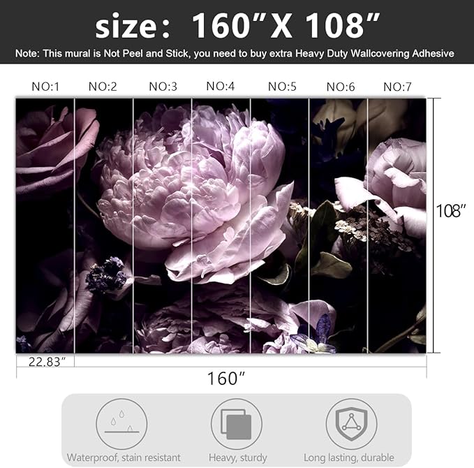 '-Black Peony Purple Floral Botanical Fabric Wallpaper Living Room Bedroom Bathroom Dark Flowers Large Wall Mural- 160"x108"( not Peel and Stick)