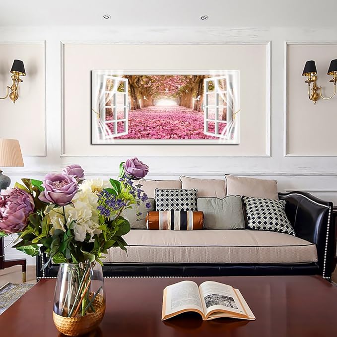 Cao Gen Decor Art-AH40150 Wall Art Trees and Pink Rose Paintings Printed Pictures Stretched and Framed Canvas Paintings Ready to Hang for Home Decorations Wall Decor