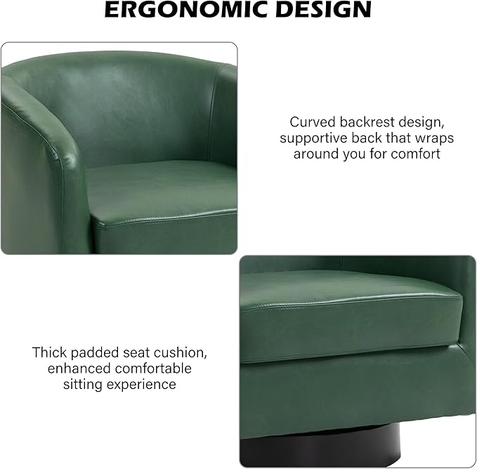 Swivel Barrel Accent Chair, Modern Round Faux Leather Arm Chair for Living Room, Bedroom, Comfy Club Reading Chairs for Adults(Faux Leather, Green, Set of 1)