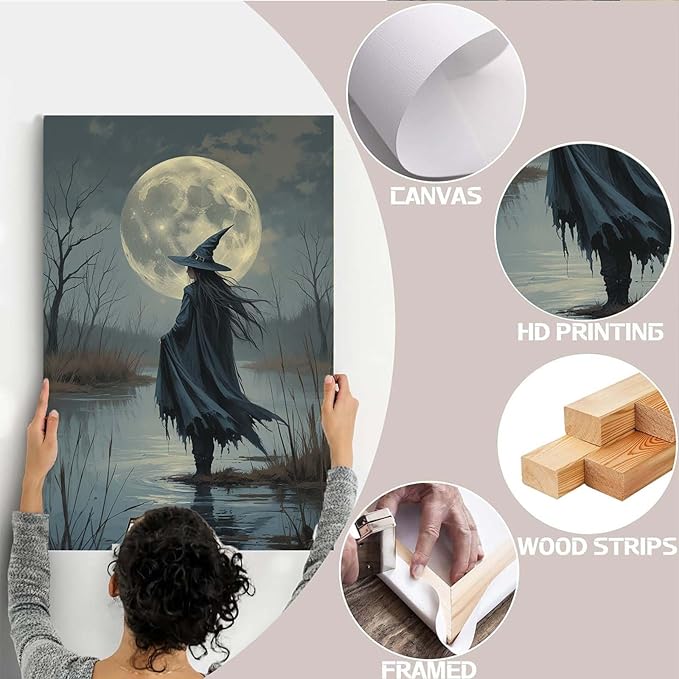 Witch in the moonlight magic canvas wall art enchanting Halloween home decor swamp witch silhouette oil painting mysterious gothic aesthetic wall decor print poster20x30in Wood Framed