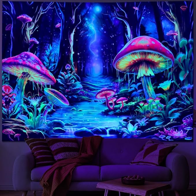 Yuiqear Blacklight Mushroom Tapestry Fantasy Forest Tree Tapestries UV Reactive Floral Plant Tapestries Neon Glow in The Dark Tapestry Wall Hanging for Bedroom Aesthetic Decor