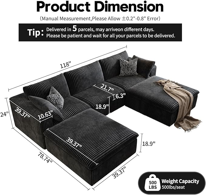 118" Cloud Couch Modular Sectional Sofa for Living Room,Modern Sofa with Deep Seat,U-Shape Boneless Couch with 2 Ottoman,Comfy Upholstered Corduroy Couches for Apartment, Studio, Office,Bedroom,Black