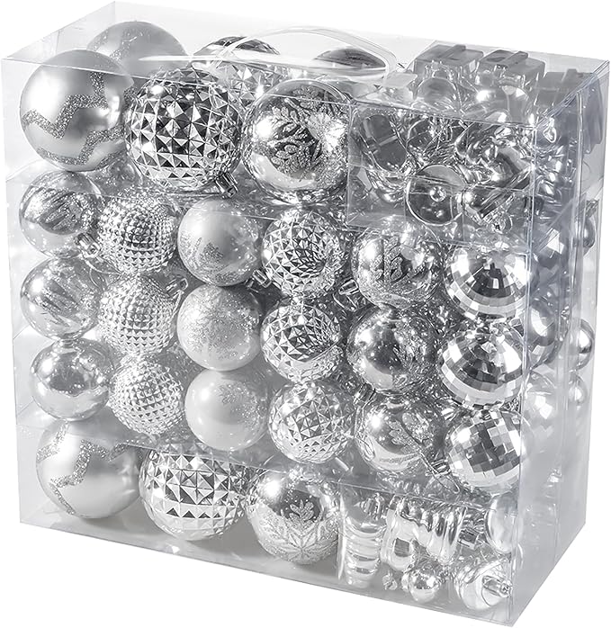 116Pcs Silver Christmas Ball Ornaments Set, Shatterproof Christmas Hanging Decoration Set with Gift Box, Assorted Decorative Baubles Set for Xmas Tree/Home/Wedding/Party/Holiday (Silver)