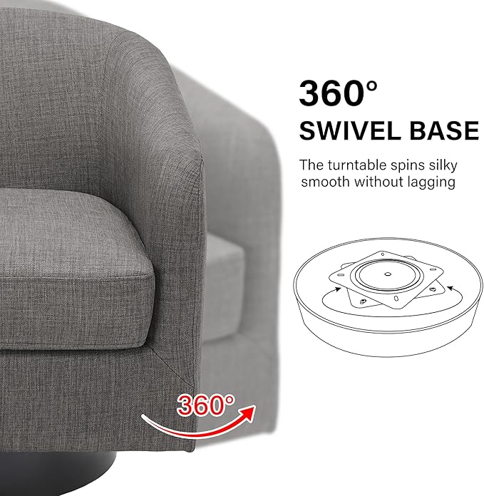 Swivel Barrel Accent Chair, Modern Round Linen Arm Chair for Living Room, Bedroom, Comfy Club Reading Chairs for Adults(Linen Fabric, Grey, Set of 2